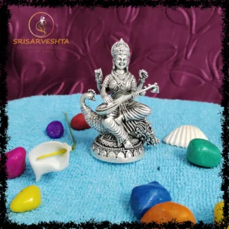 925 Silver Saraswati sitting on Peacock - 3D-IDOL - 4.5CM x 6.3CM - 60.720 grams