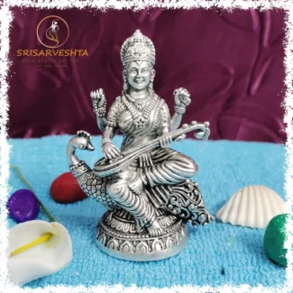 925 Silver Saraswati sitting on Peacock - 3D-IDOL - 4.5CM x 6.3CM - 58.880 grams