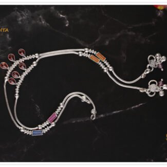 925 sterling silver payal with modern hangings as 3 orangish yellow colored drops together and colored cylinders on either sides with silver balls.