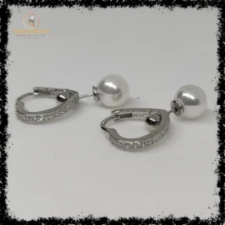 925 Silver heart shape ear ring with front veiw with white stones and pearl drop