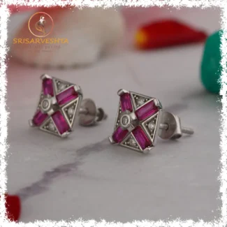 925 square sterling silver stud with white and pink ruby stones alternatively