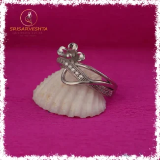 925 silver ring with silver flower over a lines of white stones-SIZE-13