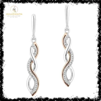 925 Silver double Cross Drop ear hanging with white stones and gold  line.