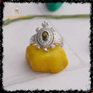 925 silver ring with single Russian green stone surrounded by white stones over tortoise-SIZE-16