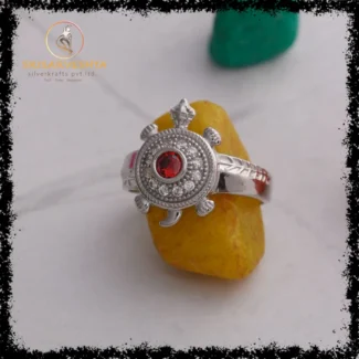 925 silver tortoise ring with bright red stone surrounded by  white stones-SIZE-18
