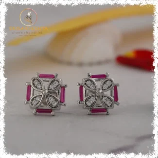 925 sterling square rubies around  -white stones from centre to corner silver ear studs