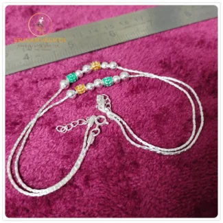 925 silver adjustable  payal with coloured cylindrical balls and plain silver balls.